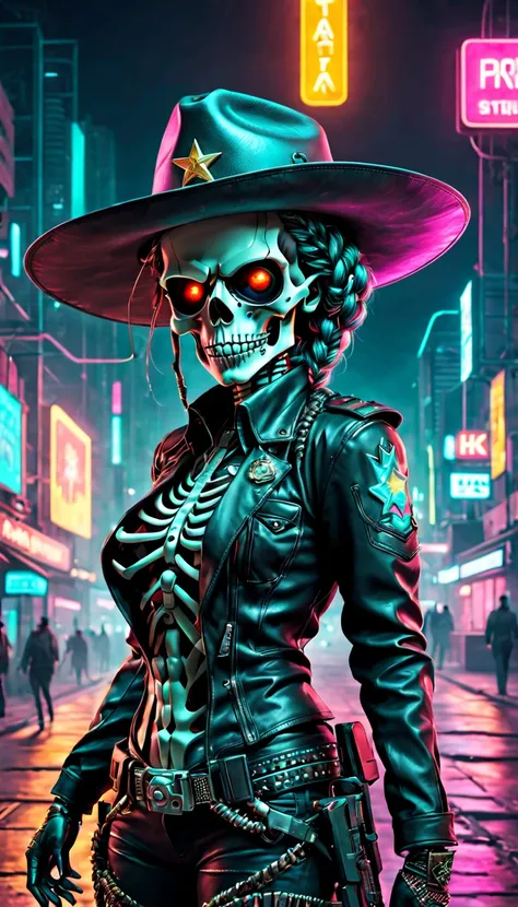 cyber punk personage，Sheriff，skeleton head，metalictexture，cowboy hat，Cockade，Neon brim，Dirty braids，A futuristic，vibrant with colors，EDM sharp，Dystopian cityscape，Network enhancement，glowing light eyes，jaqueta de couro，high-tech weapon，wires and cables，Ret...