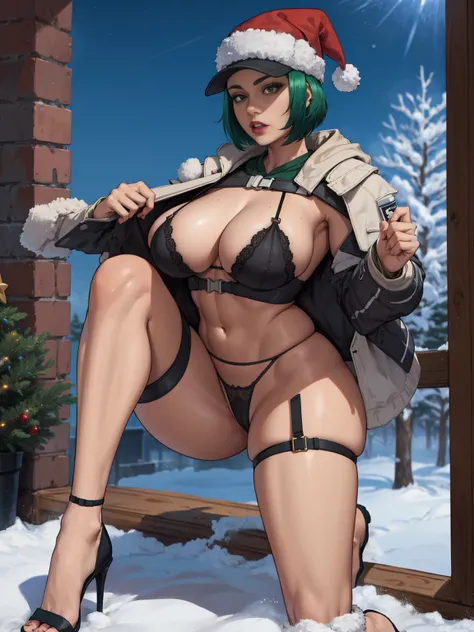 ela_(rainbow_six_siege), masterpiece, best quality, 1girl, green hair, cuerpo completo , grandes tetas, gran trasero, voluptuoso, piernas abiertas , pose sexy , escote , Christmas hat , Christmas Clothes, nieve , christmas lingerie, christmas coat , christ...