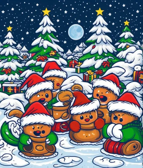 In a snowy landscape, a group of happy people with bright smiles are wearing Christmas sweaters adorned with playful stickers. The sweaters are made of warm and cozy materials, and they have an ugly yet charming appeal. The sweaters are decorated with vari...