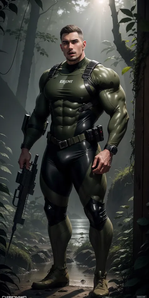 A tall, giant, muscular man with his mouth open and screaming.，Khaki camouflage uniform，character  design（Resident Evil - Chris Redfield，Chris Redfield）Buzz Cut，Wearing a khaki camouflage wetsuit，Frosted grain texture，Regular symmetrical texture pattern，St...