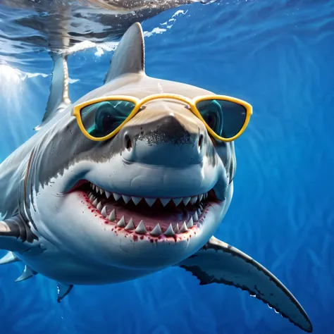 "(best quality,ultra-detailed,realistic:1.37),portrait,white shark,smiling,with sunglasses ,old school disney style animation,vi...