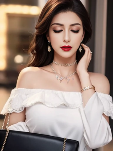 Lebanese lady, diamond dangling earrings, necklace, bracelets, small breasts, 40 years old, smokey eyes, cleavages, business suits, red lips, city, embarrassed, sad, eyes closed, feminine purse, heavy makeup, white lace off-shoulder shirt, choker