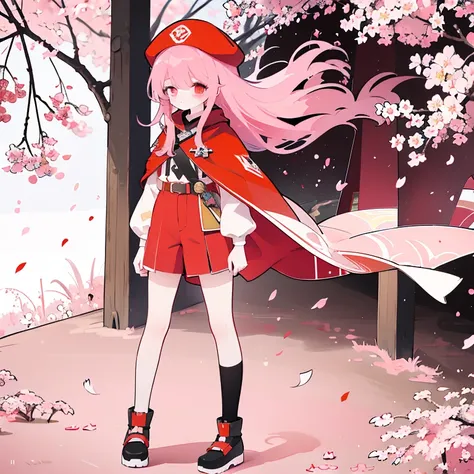 red bread hat,black eyepatch,pink long wavy hair,Bang style bangs,red cloak,yellow short pants,A girl with slightly closed eyes standing among cherry blossom trees