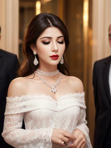 Lebanese lady, diamond dangling earrings, necklace, bracelets, small breasts, 40 years old, smokey eyes, cleavages, business suits, red lips, city, embarrassed, sad, eyes closed, feminine purse, heavy makeup, white lace off-shoulder shirt, choker