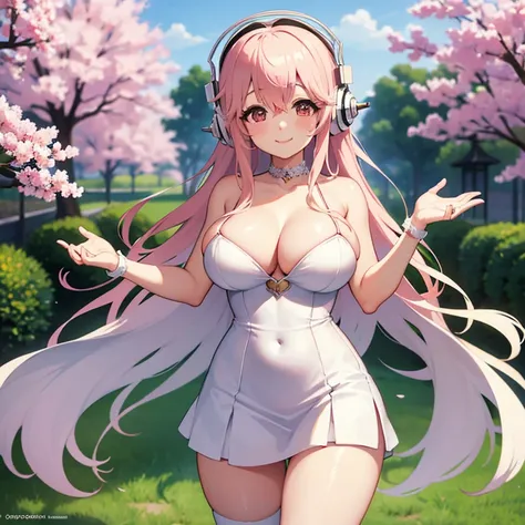 Super sonico , high quality , good hand , perfect face , big boobs , standing split leg , 18 years old , 8k wallpaper , wedding dress , smile , sakura garden, bright day , show pussy