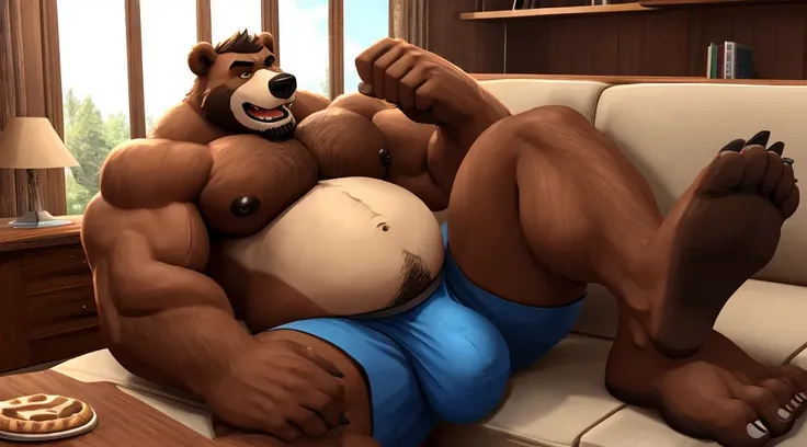 oso macho obeso, huge belly, huge bulge, huge pecs, male, man, bear, cara definida, holding his huge belly on a table in a brown house that is too small for him, obeseidad morbida, lonjas grandes. pectorales enormes, brazos enormes, cara de pezades, panza ...