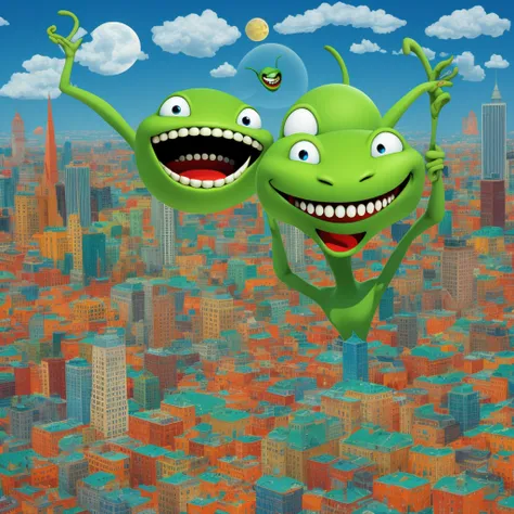 Laughing Faces alien laughing teeth detailed city background