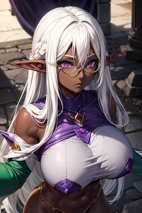 ((Elf Woman)), ((((Dark Skin)))), (((White Hair))), ((Purple Eyes)), ((bulky body)), (((Big breasts)))