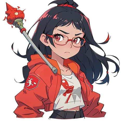 a Brazilian girl, Asian features, white skin, defined body, long and straight black hair, with bangs on her forehead, round glasses, wearing a red jacket, with a hammer and sickle symbol on her shoulder, slanted eyes, straight and loose hair, glasses with ...