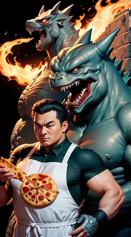 Godzilla (character), who is cooking a pizza, with Jet Jaguar (character), that Godzilla has a chefs hat, that the chefs hat is white, that Jet Jaguar has an apron, that the apron is white, with pizza, let the pizza be cheese.