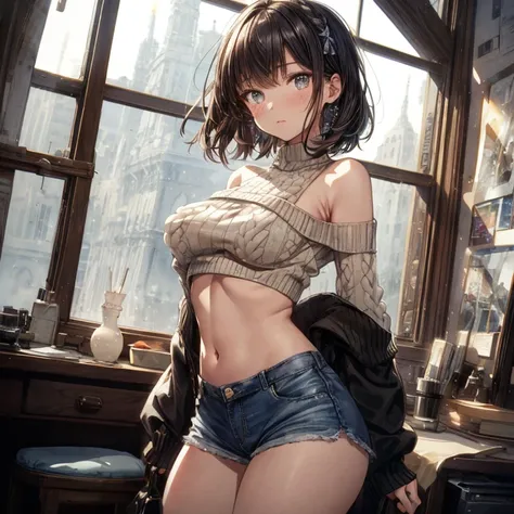 bottom boobs,(masterpiece), best quality, extremely detailed, (watercolor), bloom, delicate and beautiful, illustration, (from below),(1girl:1.4), (solo:1.2), large breasts, (ribbed sweater:1.3), off-shoulder sweater, (short shorts:1.2), bare shoulders, (u...