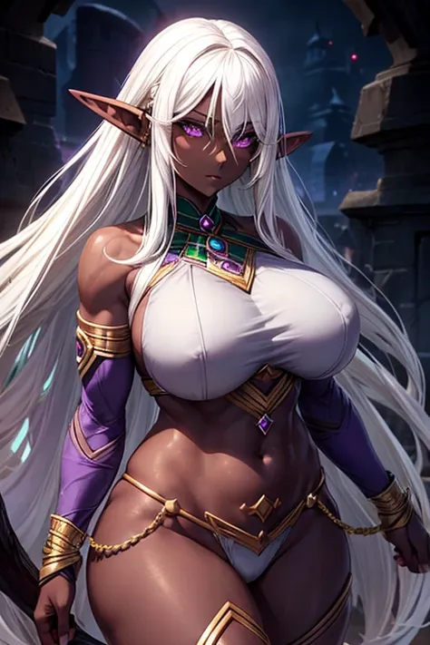 ((Elf Woman)), ((((Dark Skin)))), (((White Hair))), ((Purple Eyes)), ((bulky body)), (((Big breasts)))