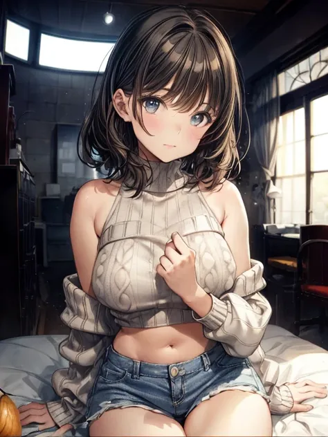 bottom boobs,(masterpiece), best quality, extremely detailed, (watercolor), bloom, delicate and beautiful, illustration, (from below),(1girl:1.4), (solo:1.2), large breasts, (ribbed sweater:1.3), off-shoulder sweater, (short shorts:1.2), bare shoulders, (u...