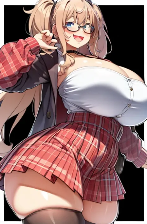 1girl, solo, long hair, glasses, blonde hair, ((giant breasts: 1.3)), twin tails, (thighs: 1.2), heavy blush, (thick thighs: 1.3), heavy blush, wide hips, choker, heavy blush, (happy: 1.3),  background, shiny skin, wet skin, inside, from below, facing the ...