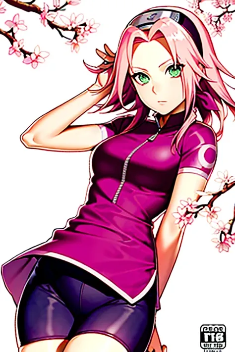 (Cover-style: 1.3)，Sakura Haruno, naruto shippuuden, Cherry blossoms, Detailed background，1girll, Pink hair, Green eyes, Short hair, Long hair, Forehead protector, Short sleeves, bike shorts, konohagakure symbol