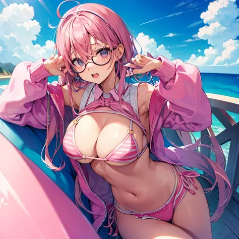 Teen girl woth pink bikini pink hair big boobs circle eye glasses