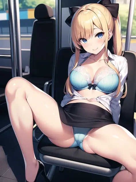 Best Quality, masutepiece, 超A high resolution, (Photorealistic: )Officelady、OL、frontageから見る、Blonde straight long hair、poneyTail、bow ribbon、beauty legs、Recruit Suit、a smile、Legs thin、Tight mini skirt、pencil skirts、Sitting on a chair on a bus、Slimed、legs spr...