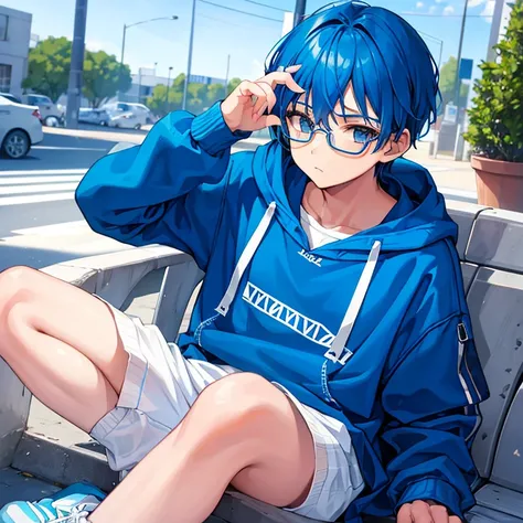 teen Boy with blue hair blue hoddie eye glasses