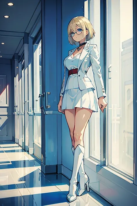 female, short straight blonde hair, blue eyes, white suit jacket, white skirt, long white high heel boots, black choker, no t shirt, medium boobs, glasses, blushing, in front of a window