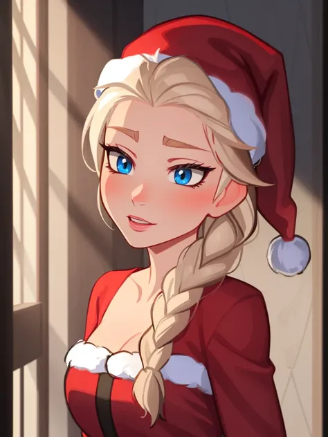 elsa of arendelle, santa hat, santa costume, upper body, single braid, woman, incase art style, in the style of incase,