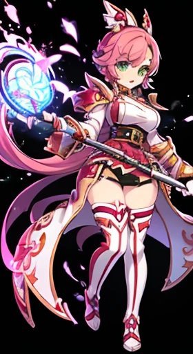 (((best quality))) , ((full body)), female, reference sheet, solo, (white background), holding staff, gauntlets, thigh high, fem...