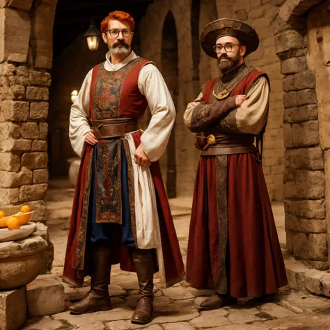 One skinny male old human, with "dark orange hair with a mustache and short beard", "white skin", "medieval merchants outfit ", "brown eyes", wearing a, wearing "small round glasses", full body pose,