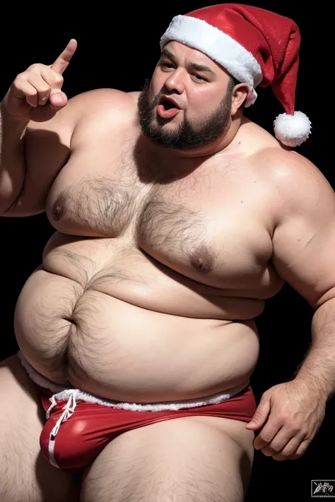 Arte realista detalhada de um santa Claus
 masculino gordo, belly large morbid plump elderly, , Obese Extremely thick thighs wearing only red swimming trunks red cap with hands Gesturing with hands holding testicle with hand,
Deitado na cama de coxas abert...