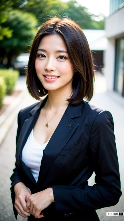 (Best Quality, 8K, 32K, masutepiece, nffsw:1.2),Photo of Pretty Japanese woman,(Detailed face:1.1),  Black Suit, Looking at Viewer,Upper body,Necklace,medium breasts,dress shirts,Smile、The whole body is shown、