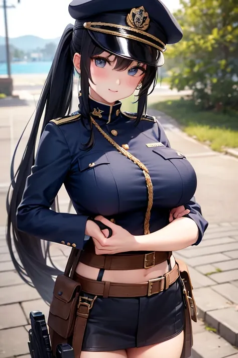 Dark Blue Military Uniform, Long Black Hair, Breast, Military Cap, Ponytail, Bikini, Gun