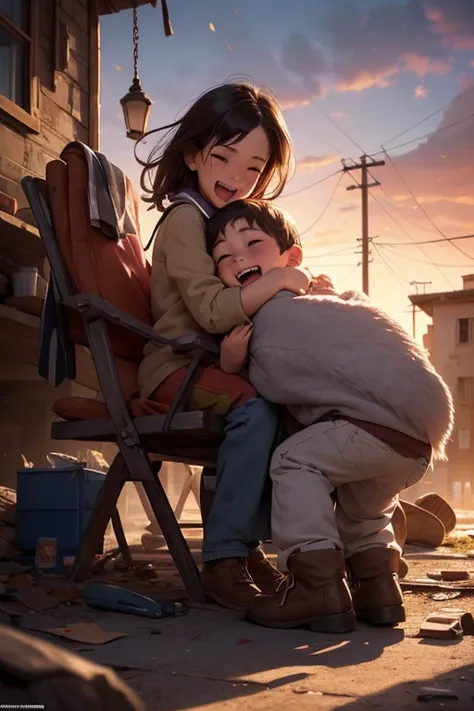 close_up of Laughing face, children, hug, refugee, city ruins, hug, rags, war over, intricate, (masterpiece, Representative work, official art, Professional, unity 8k wallpaper:1.3)