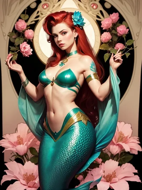 a black tattoo representing a mermaid looking like Ariel the little mermaid, mucha style, cherry tree flowers and one rose on the left side