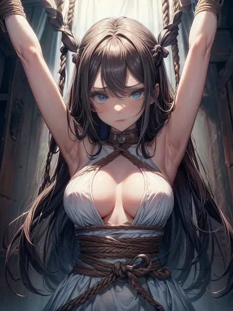 ((masterpiece)), ((best quality)), (ultra-detailed), NSFW, ((torture chamber)),a cute girl, 1girl, solo, (white tanktop dress),(rope bound arms), (both hands are bound and is hung from the ceiling),bdsm,shibari,restrained,((thin waist)),(((only the waist i...