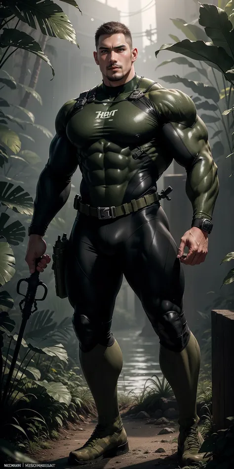 A tall, giant, muscular man with his mouth open and screaming.，Khaki camouflage uniform，character  design（Resident Evil - Chris Redfield，Chris Redfield）Buzz Cut，Wearing a khaki camouflage wetsuit，Frosted grain texture，Regular symmetrical texture pattern，St...