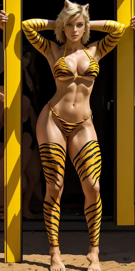 body standing symmetrical beautiful woman, hyper realistic, 1girl, yellow tiger bikini, barefoot, inside frame