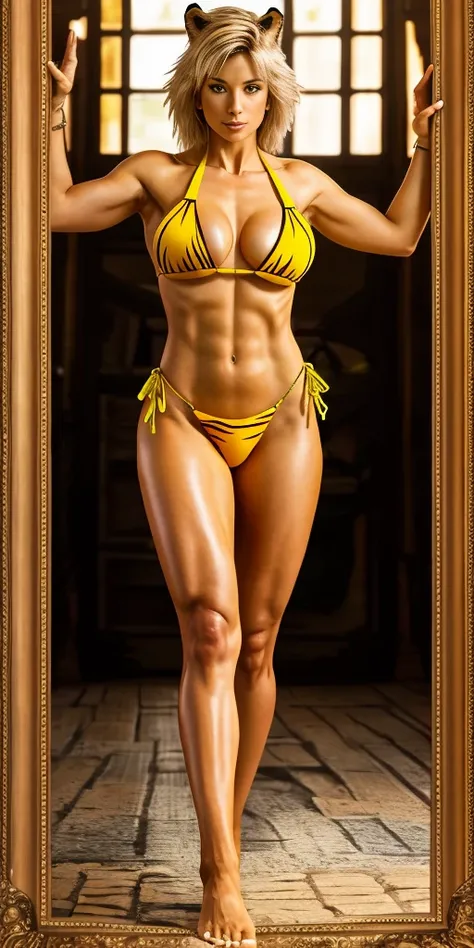 body standing symmetrical beautiful woman, hyper realistic, 1girl, yellow tiger bikini, barefoot, inside frame