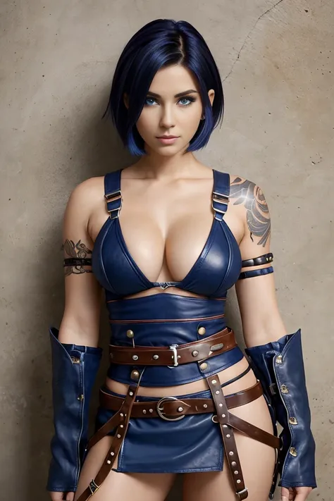 25 year old woman with short undercut indigo hair dressed in a skimpy warrior princess outfit with leather miniskirt, cleavage, belt. Blue eyes with eye liner. Neutral background