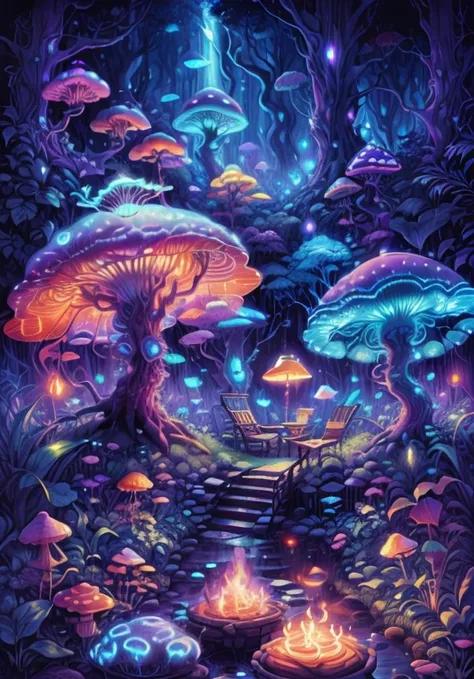 The mushroom world is my home. Realistic detail of virtual luminous bioluminescent mushroom metropolis inside a floating jellyfish in a dark sea, A metropolis in the dark at night is like a spiritual journey through a mushroom forest, cosmic, celestial, go...