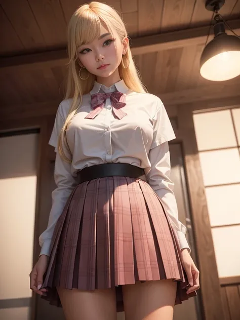 A japanese woman wearing a pink plaid pleated skirt. student uniform, black tights, heavy makeup, dyed blond hair, ear rings, Her tan skin glistens under the lights. She stands with amusement, looking down in a smug pose. . The viewers perspective captures...