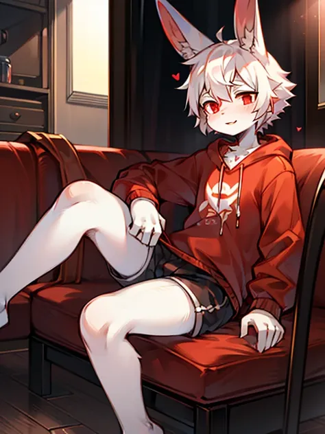 Libido boy, edgBunny, Ears drooping,White fur,red highlighter，Young person, red eyes, messy  hair, White hair, Short hair details, tmasterpiece, The content is very detailed, casual sweatshirt，shorter pantare-legged，sit