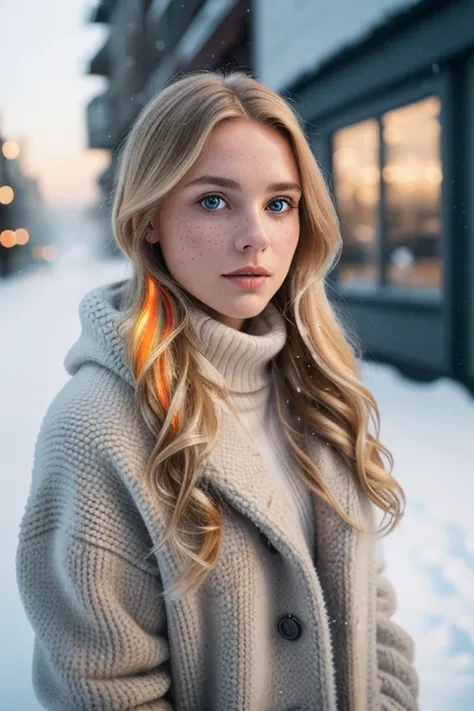 professional portrait photograph of a gorgeous Norwegian girl in winter clothing with long wavy blonde hair, sultry flirty look, (freckles), gorgeous symmetrical face, cute natural makeup, wearing elegant warm winter fashion clothing, ((standing outside in...