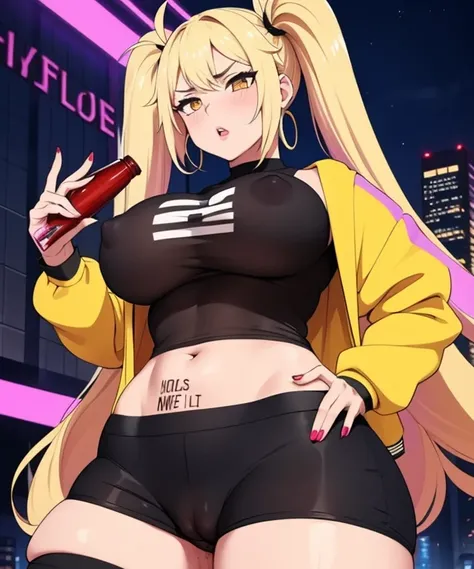 1girl,  (((bimbo))),hoop earrings, big puffy lips, painted lips, thick lips. 
Blonde hair, short twintails, grumpy, wide hips, thick thighs, perky breasts, bursting breasts, Nightlife, Night city, Cyberpunk city, futuristic cityscape. Neon lights, (skyscra...