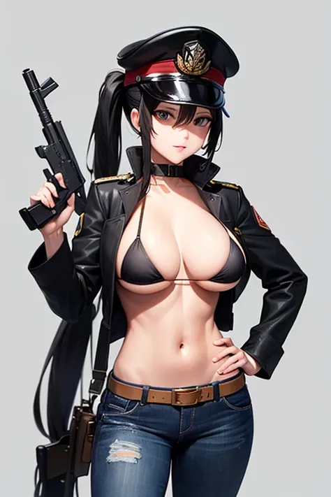 Long Black Hair, Breast, Military Cap, Ponytail, Bikini, Gun, Jeans