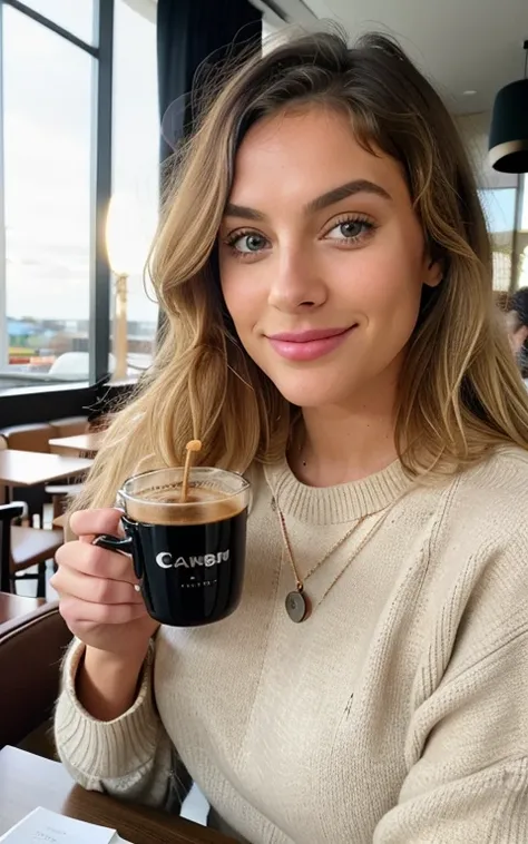 Beautiful blonde wearing beige sweater (Sipping coffee in a modern café at sunset), sehr detailliert, 21 Jahre alt, Unschuldiges Gesicht, Natural wavy hair, blaue Augen, high resolution, Meisterwerk, best quality, Komplizierte Details, Highly detailed, Sch...