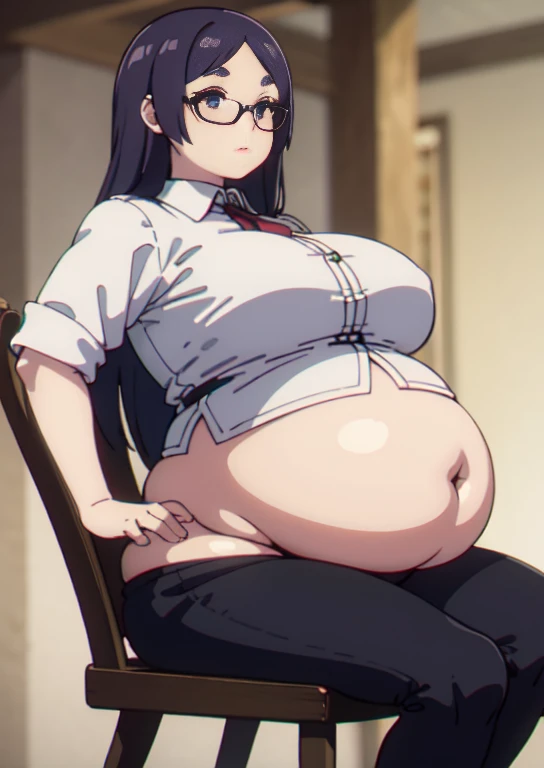 (masterpiece, best quality), 1girls, big belly, blurry background, huge belly, art by kipteitei, round belly, chubby, curvy, white button-up shirt, skirt, thighhighs, simple_background, gradient_background, belly bursting out of shirt, belly grab, enormous...