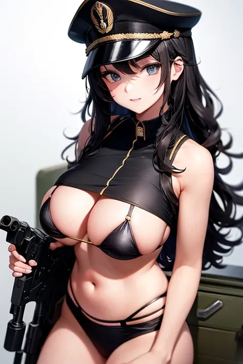 Military Uniform, Long Curly Black Hair, Breast, Military Cap, Bikini, Gun