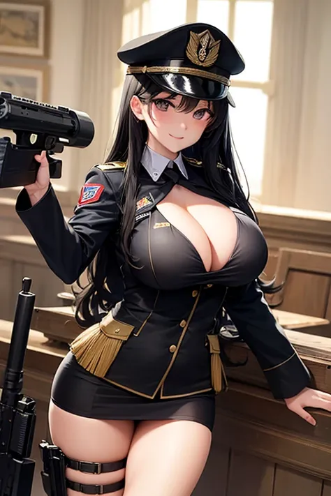 Military Uniform, Long Curly Black Hair, Breast, Military Cap, Bikini, Gun