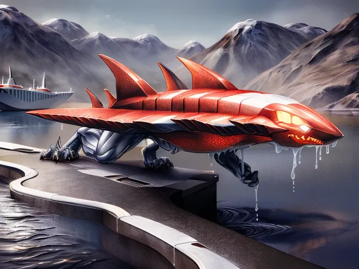 photorealistic HD digital painting of a man emerging from a liquid metal nanomachine reservoir outside an alien shipyard, liquid metal nanites coat his body as he transforms into a draconic red  spaceship battleship with white accents