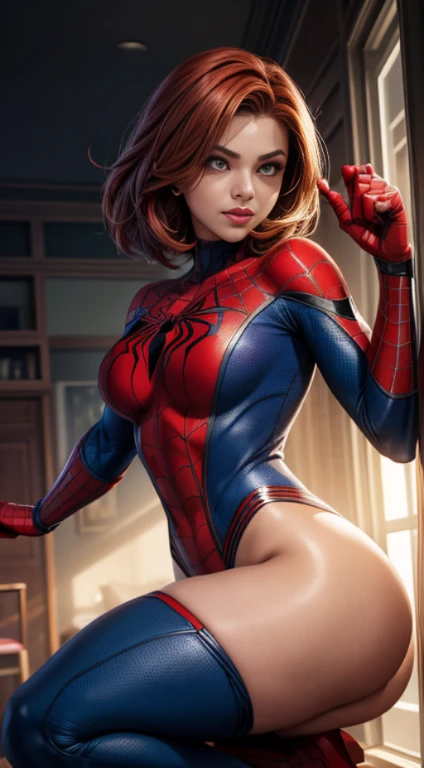 leve sorriso, a superhero dressed as Spider-Man, no mask on. a woman in a swimsuit-like Spider-Man costume, foto de corpo inteiro, Cabelo comprido vermelhos, seios enormes, Athletic body, red and blue knee-high boots, Vibrant and dynamic style, with solid ...