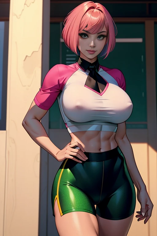 pink hair, (short bangs hair:1.36). Alafe Street Fighter、Metallic Lime Green and Metallic Black Martial Arts Uniform、Big breasts about to burst、Shirt with metallic white breast pocketreasts pocket、neck tie、thin and long legs,、Pose ready to fight、Fitness Mo...