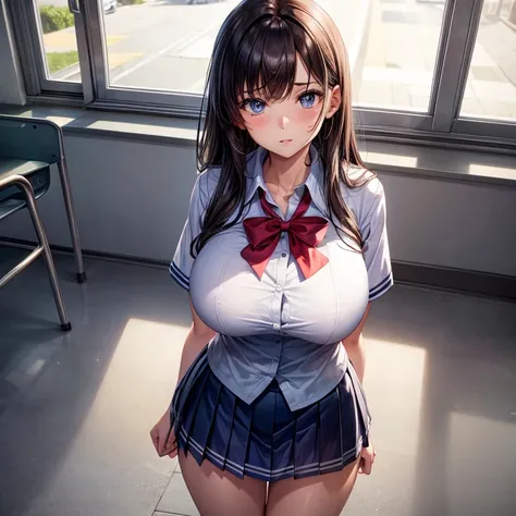 Girl in a school uniform with unimaginably large breasts